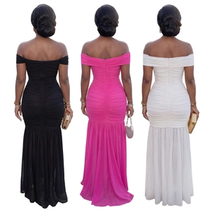 Ruched off-the-shoulder bodycon evening dresses shown in black, fuchsia, and white