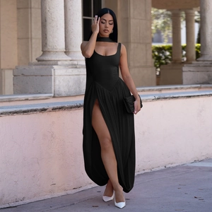 Elegant black halter bodysuit maxi dress with high slit and draping for evening party wear