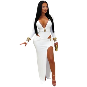 Detail of white V-neck long sleeve dress with waist cut-outs and gold buckles