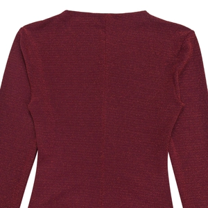 Detailed view of dark burgundy dress fabric featuring sparkling lurex glitter texture