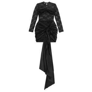 Detail of black lace long sleeve mini dress with sheer mesh and draped bow design