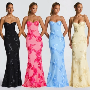 Abito da Sera Donna Sexy con Applicazioni Floreali 3D Spalline Sottili Schiena Scoperta Intrecciata Maxi Sirena per Banchetti e Feste