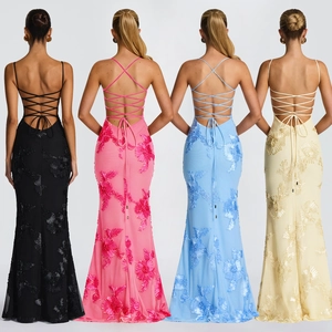 Elegante abito da sera senza schienale con ricamo floreale e spalline incrociate in quattro colori