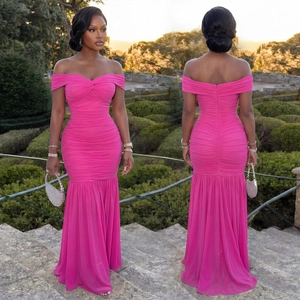 Detailed views of a hot pink off-shoulder ruched mermaid dress in a garden setting