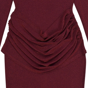 Detail view of burgundy ruched waist dress with shimmering metallic glitter fabric finish