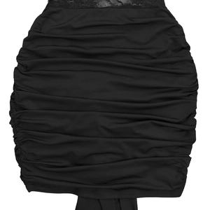 Close-up of ruched black bodycon dress featuring delicate lace waist patchwork detail