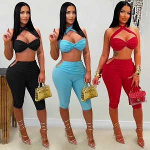 Women Sexy Solid Color Top And Bottom Halter Cross Neck Crop Top With Cutout High Waist Capri Pants Summer Fashion Outfit