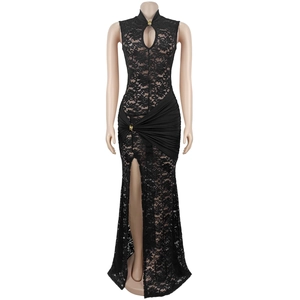 Detail of elegant black lace maxi dress featuring high slit and teardrop neckline