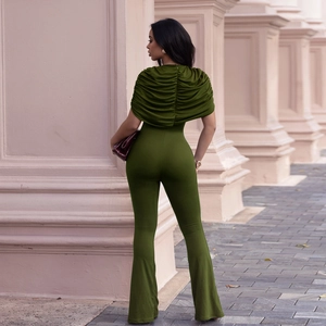 Detail of elegant olive green wide-leg jumpsuit with pleated cape bodice and flare pants