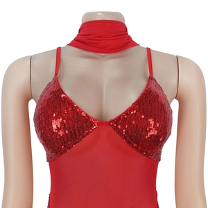 Detailed view of red sequin camisole top with matching choker on a mannequin display