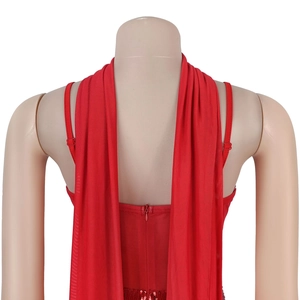 Detail of red mesh V-neck dress featuring sequins, adjustable straps and invisible zipper