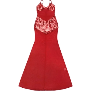 Detail of red mesh evening dress showing sparkly sequin V-neckline and sheer fabric texture