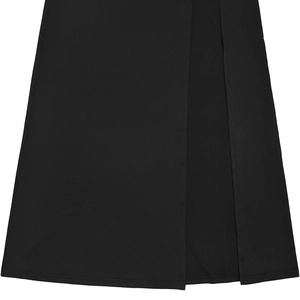 Detail view of the black dress hemline featuring a side slit and seamless stitching