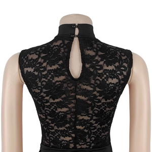 Detailed back view of black floral lace dress featuring a keyhole opening and high collar