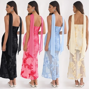 Vue arrière élégante de robes sans manches brodées de fleurs en noir, rose, bleu et crème