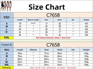 Size chart for women's sleeveless dress C7658 with length bust waist and weight specs