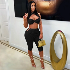 Women black two-piece sexy halter neck top and side cutout leggings slim fit set