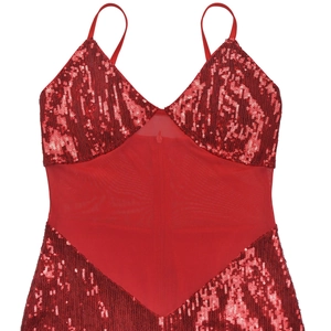 Detail of red sequin dress with mesh panels, V-neck design and thin spaghetti straps