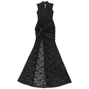 Close-up of black lace dress featuring a teardrop cutout and elegant gold buckle detail