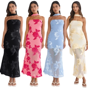 Ensemble robe longue dos nu avec broderie florale élégante et écharpe en tulle assortie