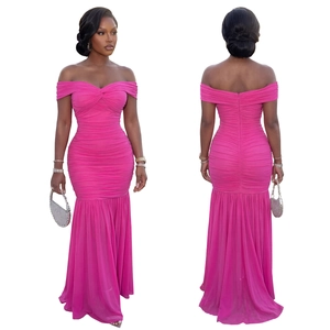 Detailed front and back view of hot pink off-shoulder ruched mesh bodycon maxi dress