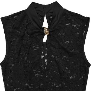 Detail of black lace dress featuring a halter neckline with a gold metal ring ornament