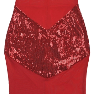 Detailed view of red sequins sewn in a V-pattern on mesh fabric of a fashion dress