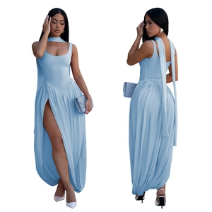 Front and back detail of light blue sleeveless slim dress with side slit and neck scarf