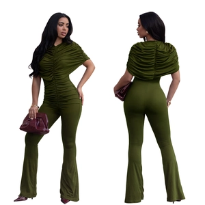 Detailed front and back view of ruched olive green slim-fit wide-leg jumpsuit