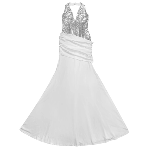 Detail of silver sequin halter neck bodice and elegant white pleated waist on a long gown