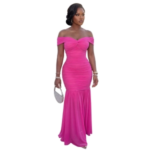 Detailed view of fuchsia off-shoulder bodycon dress with ruching and fishtail hem