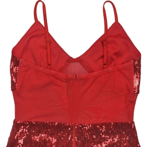 Detail of red sequin mesh dress featuring adjustable spaghetti straps and back hidden zipper
