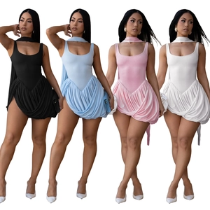 Women sleeveless mini dress with ruched bubble hem and matching choker in four colors