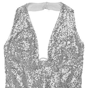 Detailed close-up of silver sequin halter top featuring a deep V-neck and soft lining