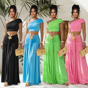 Ensemble Sexy Femme Une Épaule Top Court Plissé et Jupe Maxi Taille Haute Top And Bottom Élégant Couleur Unie Vacances