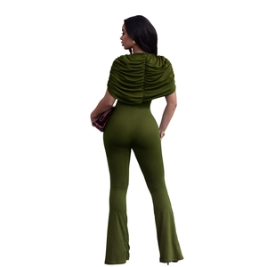 Detail view of olive green slim fit jumpsuit with ruched back and flared leg design