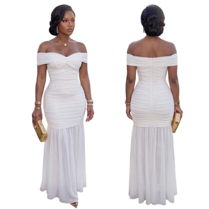 Detailed front and back view of elegant white ruched off-shoulder mermaid maxi dress