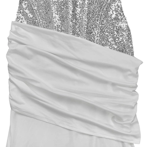 Detail of elegant silver sequins on white ruched fabric for a stylish backless dress