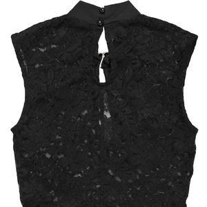 Detail view of high collar lace top with keyhole back and black button closure