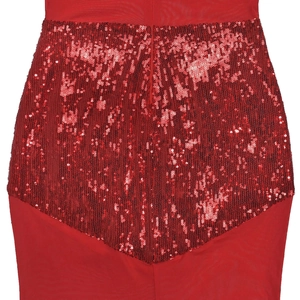 Detailed close-up of red sequins embroidered on breathable mesh fabric for evening dress