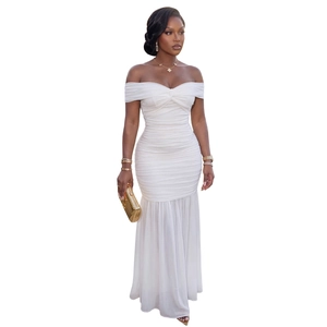 Detail of elegant white off-shoulder fisheye evening dress with pleated mesh fabric texture
