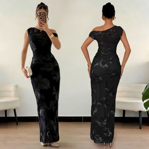 Detail view of one-shoulder black bodycon dress featuring 3D floral textures front and back