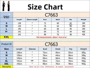 Detailed size guide for evening dress showing length, bust, waist, and hip measurements