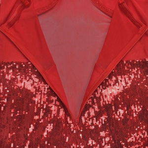 Macro shot of red sequin fabric detail with mesh splicing and invisible zipper