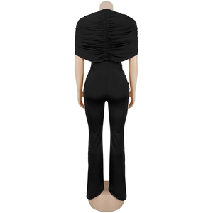 Back view of elegant black jumpsuit with ruffle cape top and seamless zipper closure
