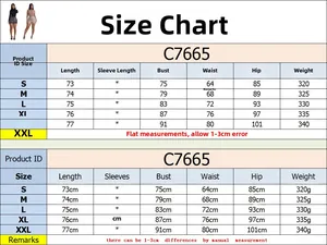 Size chart for rhinestone bodysuit C7665 showing measurements from size S to XXL