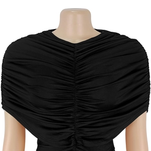 Detail of elegant black sleeveless bodysuit featuring textured ruching and slim-fit design