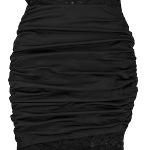 Detail of black pleated fabric with delicate lace trim on sexy bodycon dress