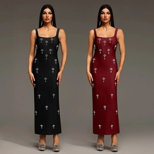 Elegante Vestito Lungo da Donna Con Strass Schiena Scoperta Slim Fit Scollo Quadrato Senza Maniche Vestito da Sera Maxi