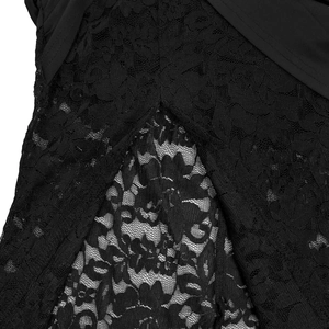 Close-up of delicate floral lace pattern and high-quality stitching on a black dress